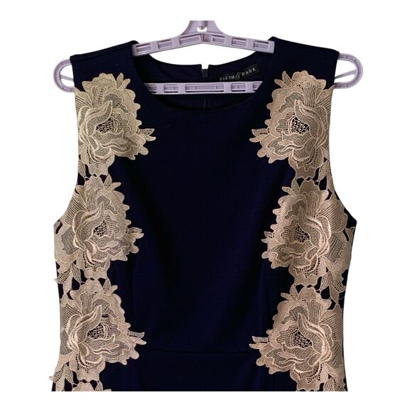 FIFTH & PARK Dress SZ 12 Navy & Beige Gold Floral Lace Sheath Dressy Cocktail - Picture 3 of 12